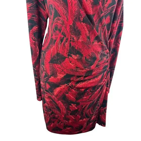 Norma Kamali Faux Wrap Dress Red & Black Feather Print Size XXL 2XL Office Chic - Picture 13 of 16